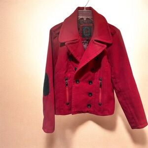 Dollhouse Vibrant Red Button Zip Pocket Black Elbow patches Pea Coat XL